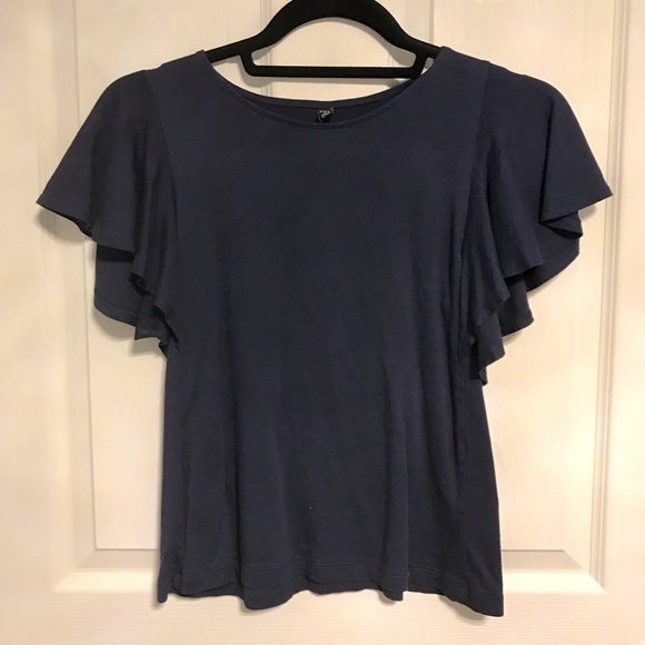 Uniqlo Ruffle Short Sleeve Blouse NAVY - Picture 4 of 4